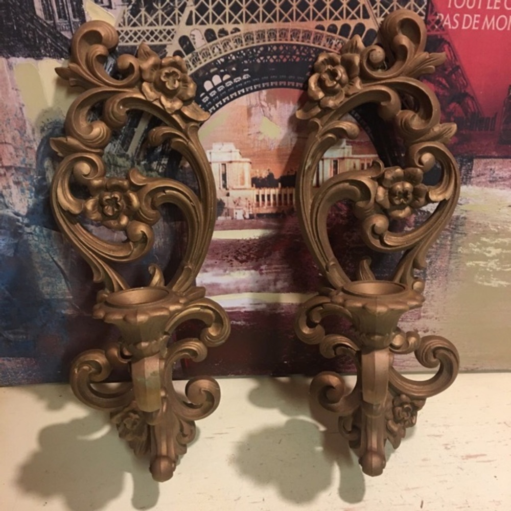 Vintage Homco Hollywood Regency Gold Candle Wall Sconces